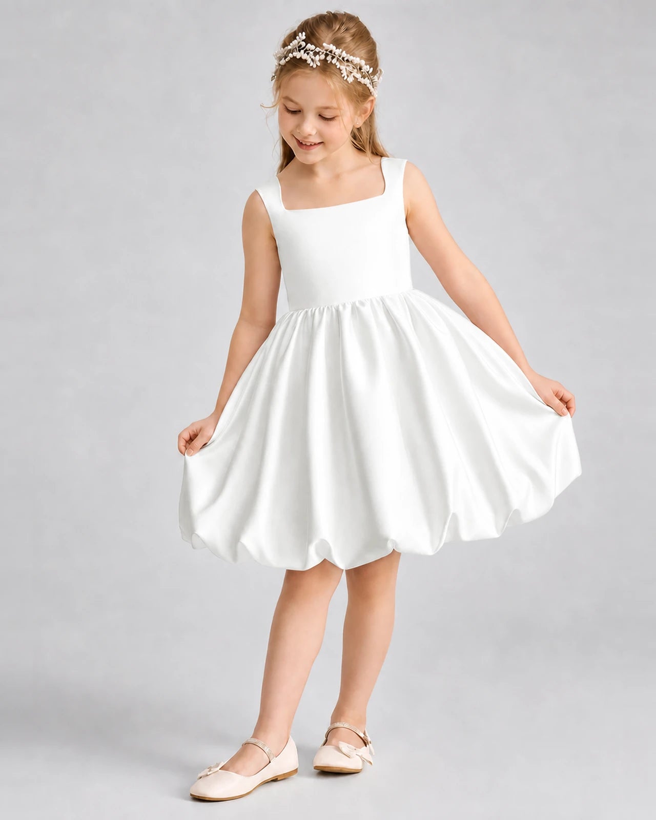 Ivory Satin Square Neck Bubble Girls Formal Dresses