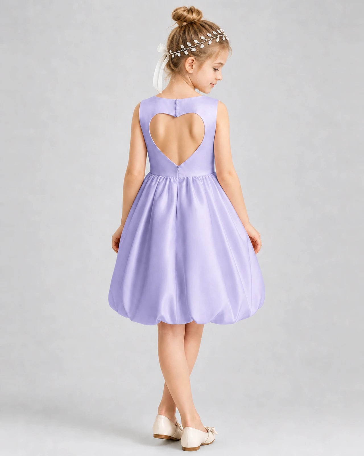Lavender Satin Heart Cutout Bubble Hem Girls Formal Dresses Back View