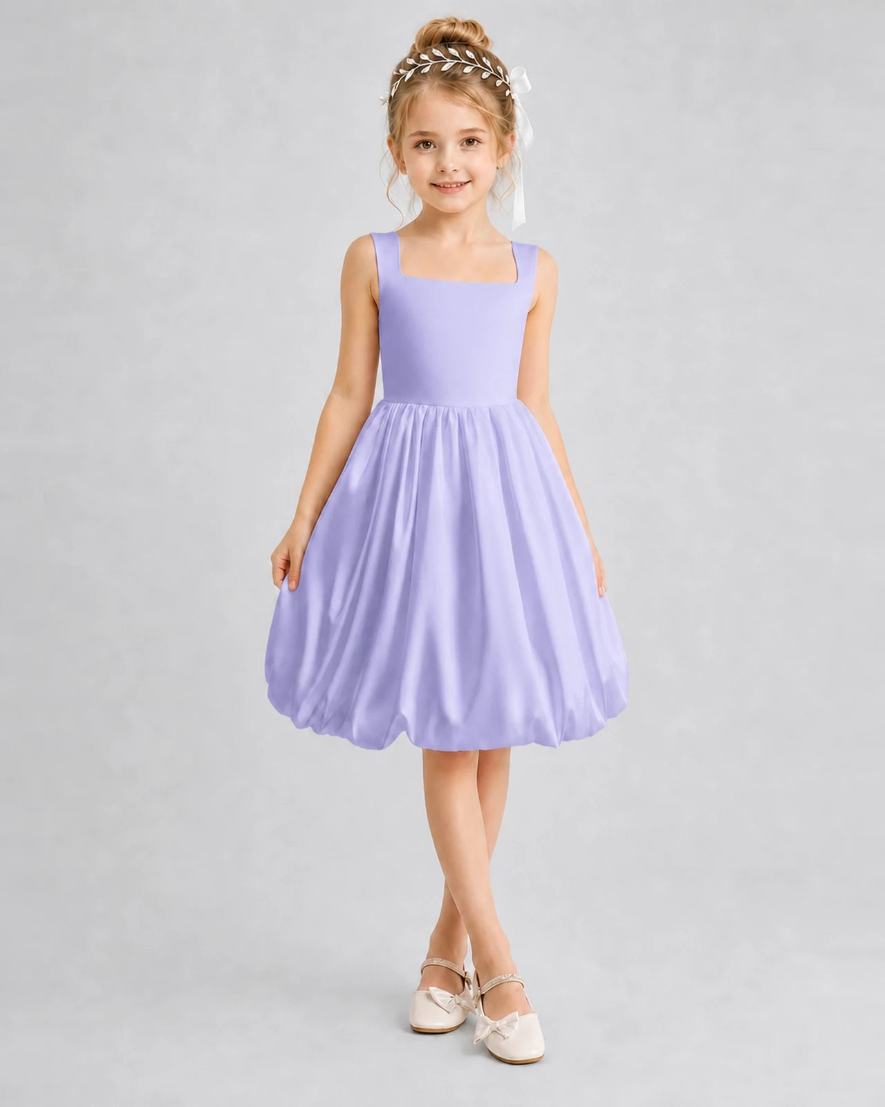 Lavender Satin Square Neck Bubble Girls Formal Dresses Front View