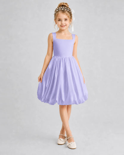 Lavender Satin Square Neck Bubble Girls Formal Dresses Front View