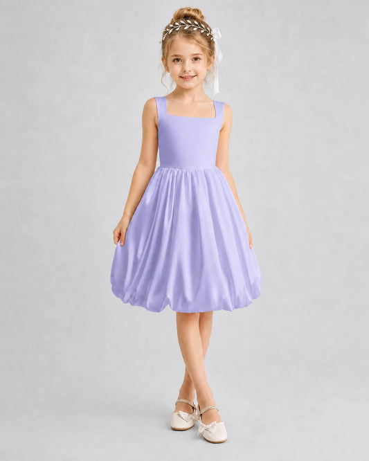 Lavender Satin Square Neck Bubble Girls Formal Dresses Front View