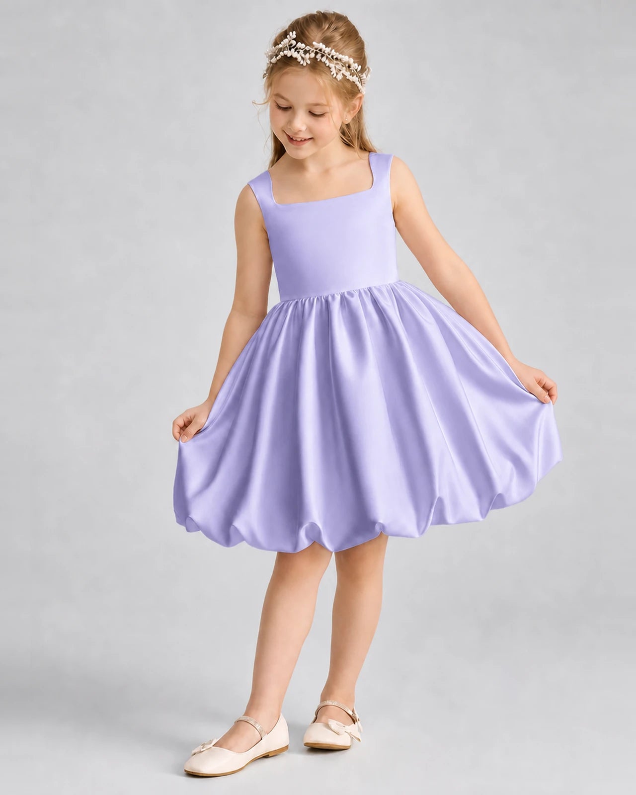 Lavender Satin Square Neck Bubble Girls Formal Dresses