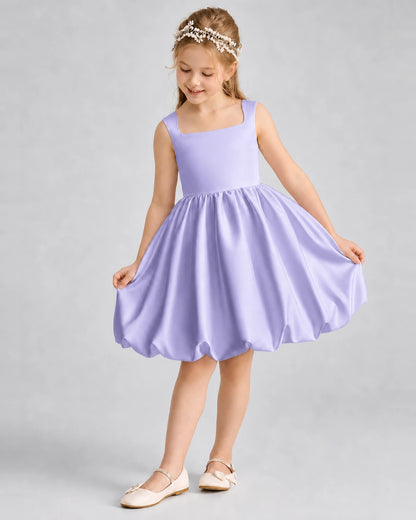 Lavender Satin Square Neck Bubble Girls Formal Dresses