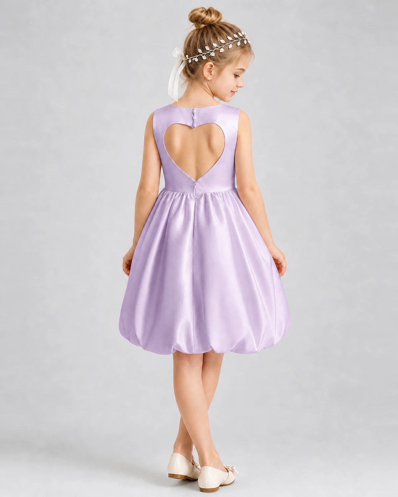 Lilac satin heart cut out bubble dress Girls Formal Dresses Back View