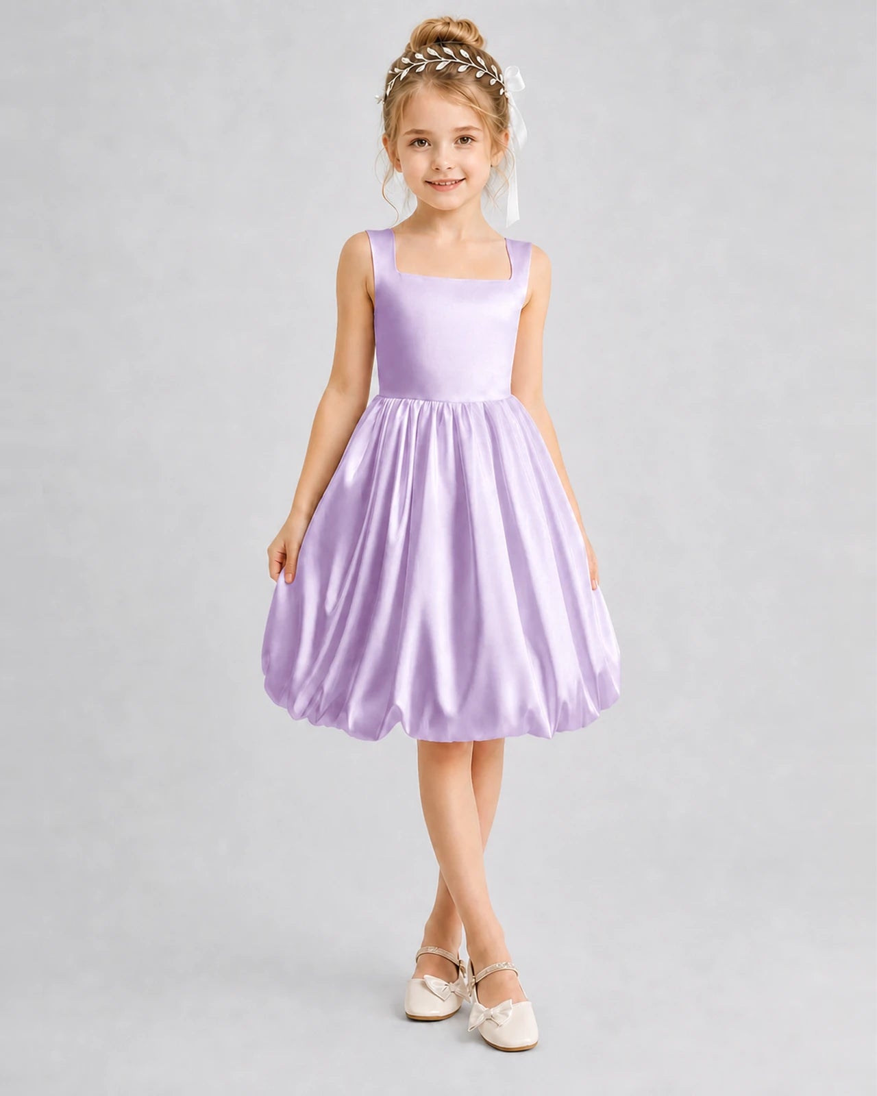 Lilac Satin Bubble Hem Girls Formal Dresses Front View