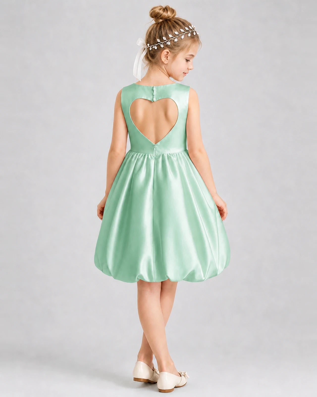 Mint Green Satin Cutout Back Girls Formal Dresses Back View