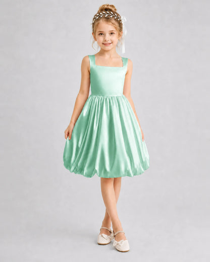 Mint Green Satin Bubble Hem Girls Formal Dresses Front View