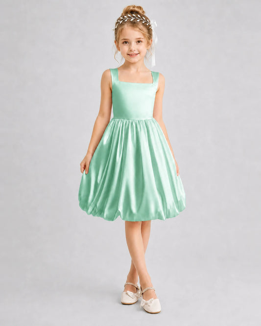 Mint Green Satin Bubble Hem Girls Formal Dresses Front View