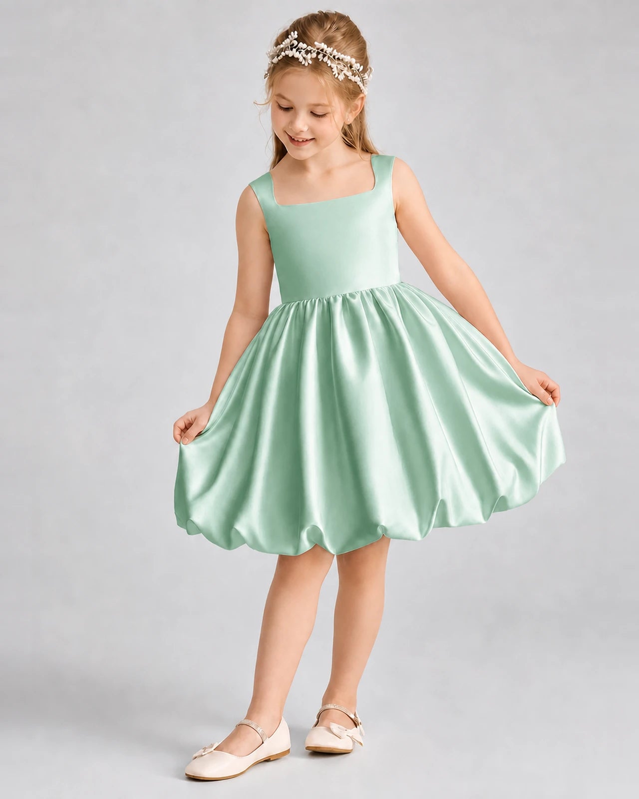 Mint Green Satin Bubble Hem Girls Formal Dresses
