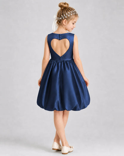 Navy Blue Satin Bubble Dress Girls Formal Dresses Back View
