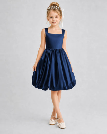 Navy Blue Satin Bubble Hem Girls Formal Dresses Front View