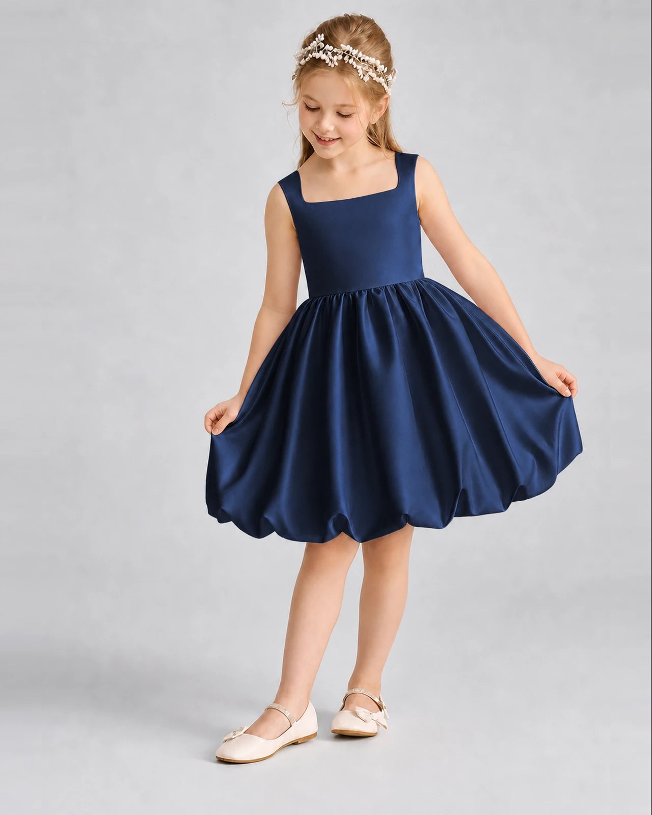 Navy blue satin square neck bubble hem girls formal dress