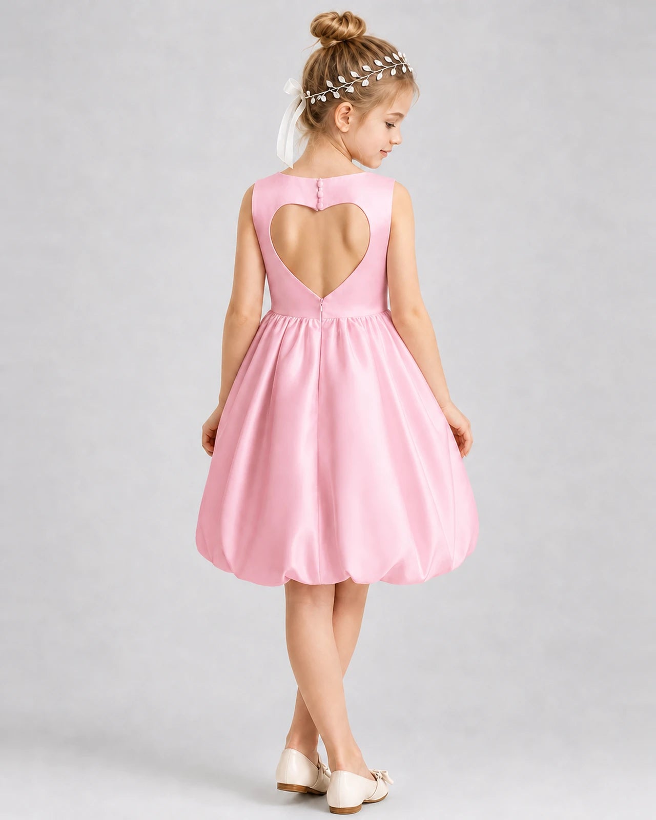 Pink Satin Bubble Hem Girls Formal Dresses Back View