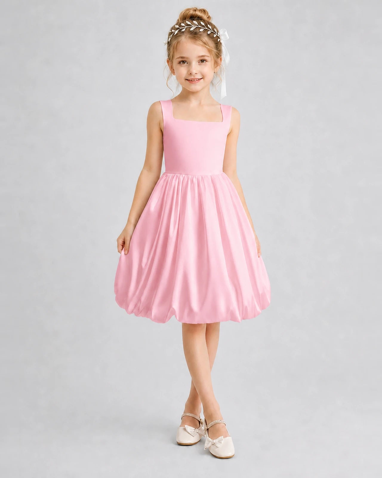 Pink Satin Bubble Hemline Girls Formal Dresses Front View