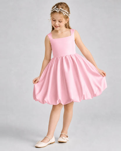 Pink Satin Square Neck Bubble Girls Formal Dresses
