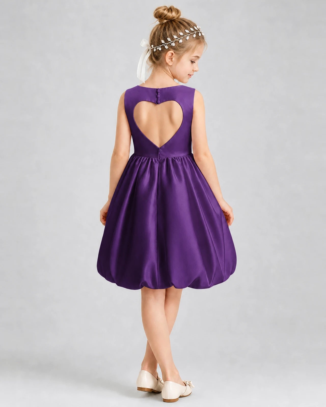 Purple satin heart-cutout bubble-hem girls formal dress, Back View