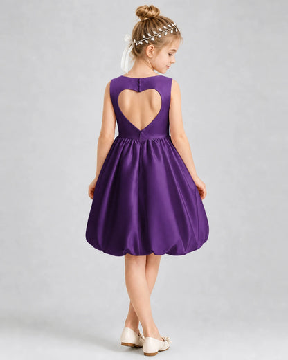 Purple satin heart-cutout bubble-hem girls formal dress, Back View