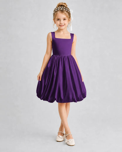 Purple Satin Square Neck Bubble Girls Formal Dresses Front View
