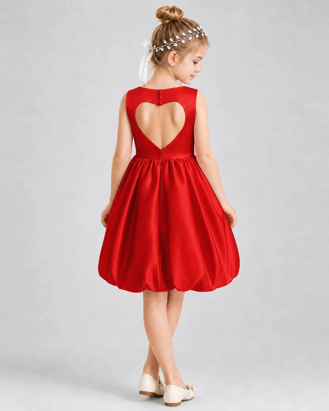 Red Satin Heart Cutout Bubble Hem Girls Formal Dresses Back View
