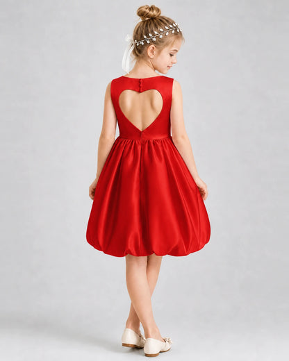 Red Satin Heart Cutout Bubble Hem Girls Formal Dresses Back View