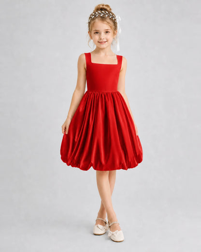 Red Satin Bubble Hem Girls Formal Dresses Front View