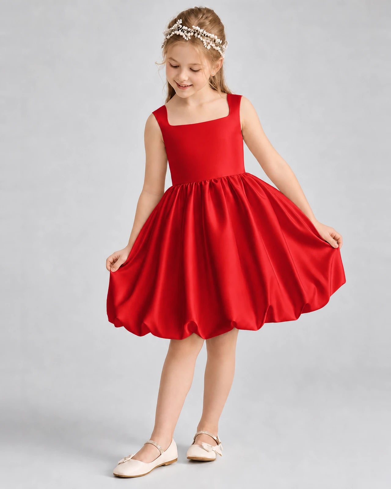 Red Satin Square Neck Bubble Girls Formal Dresses