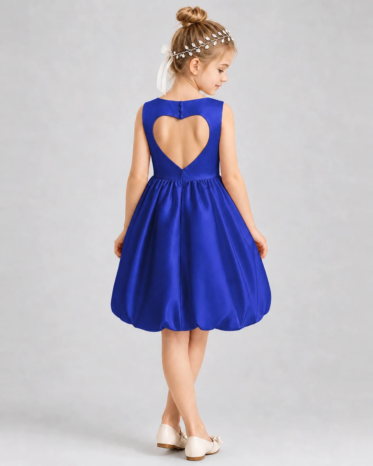 Royal Blue Satin Bubble Hem Girls Formal Dress Back View