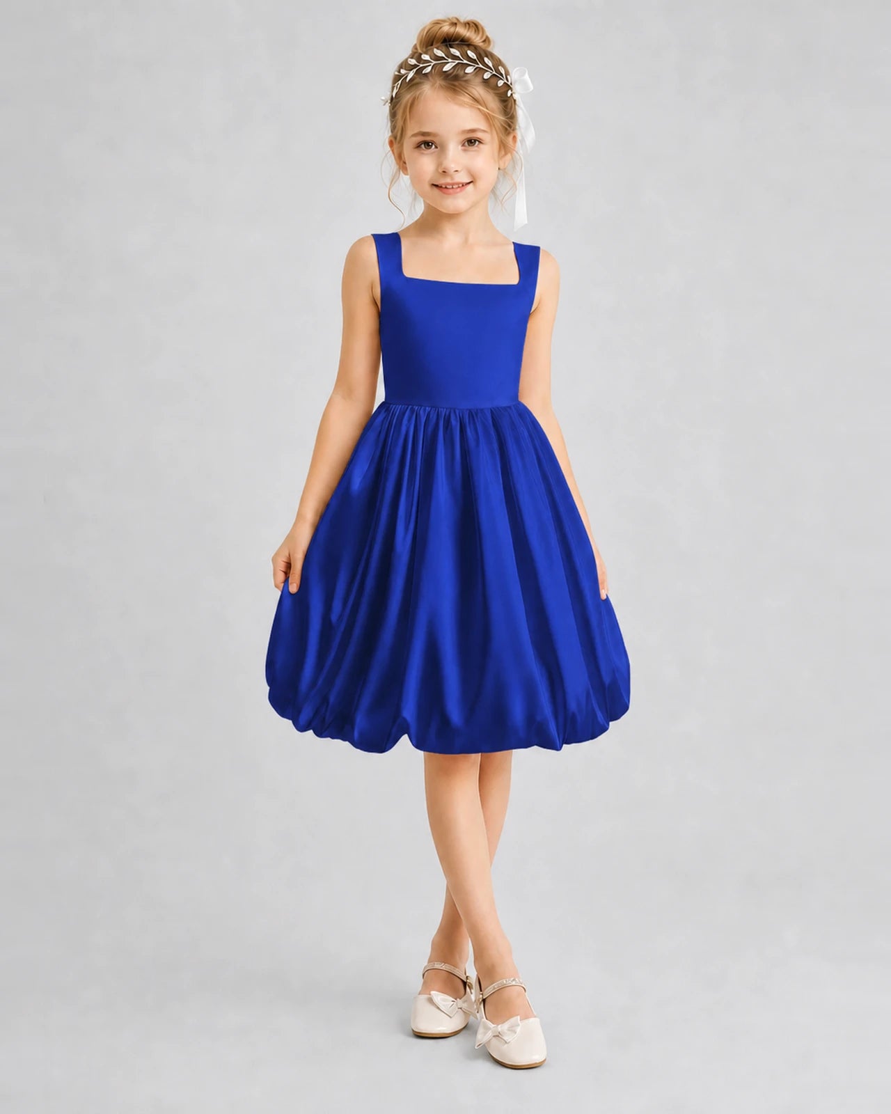 Royal Blue Satin Bubble Hem Girls Formal Dresses Front View
