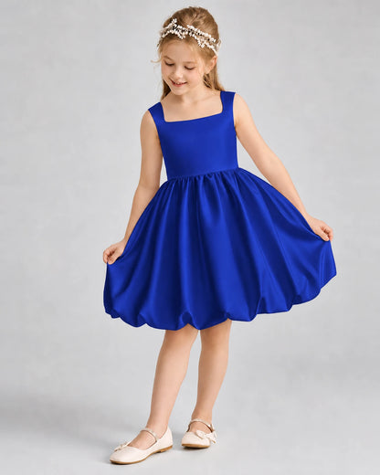 Royal Blue Satin Square Neck Bubble Girls Formal Dresses