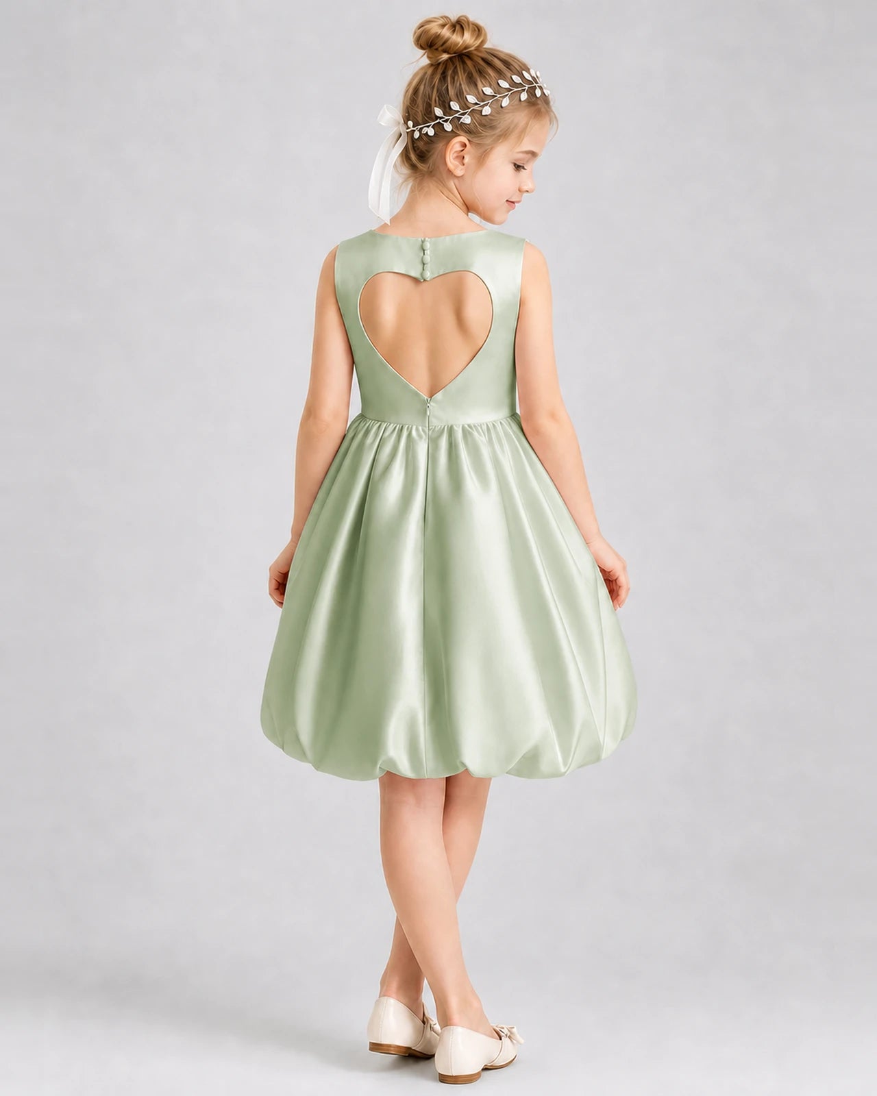 Sage Green Satin Heart Cutout Bubble Hem Girls Formal Dresses Back View