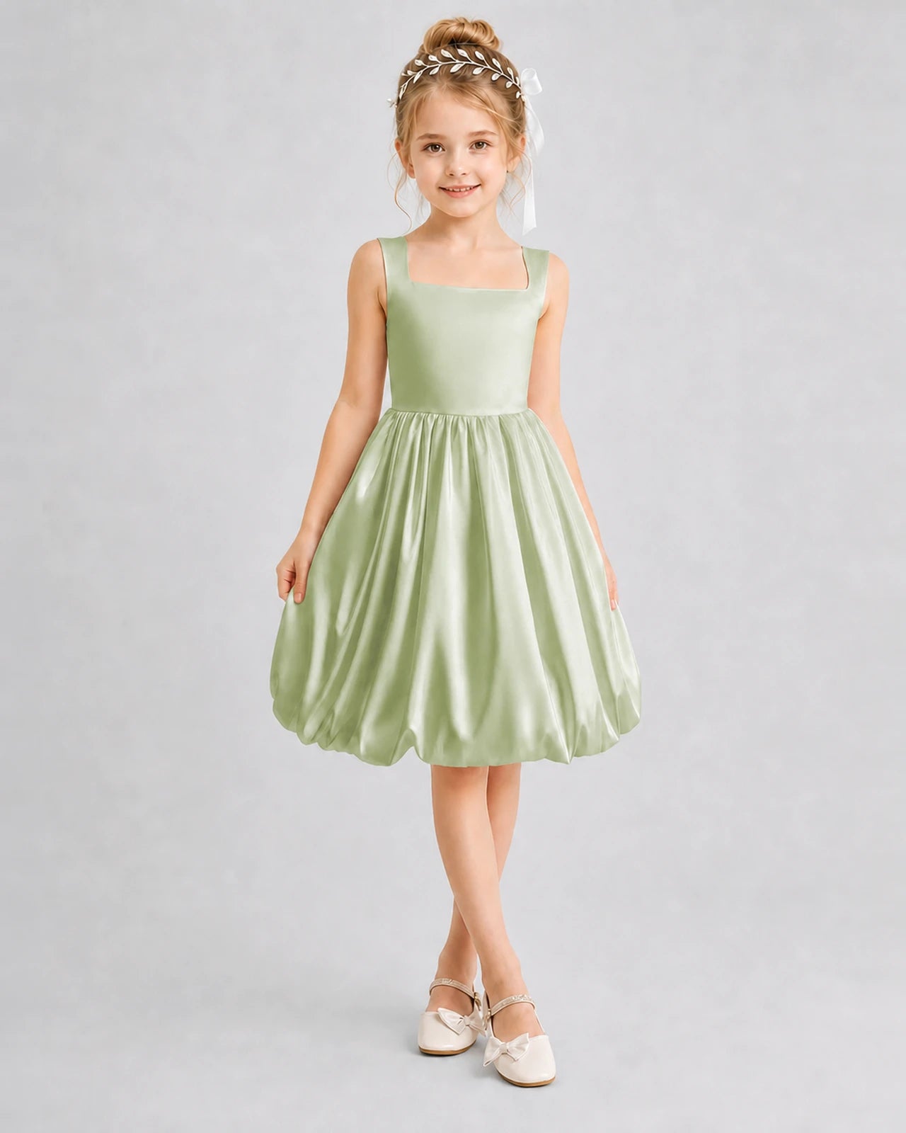 Sage Green Satin Bubble Hem Girls Formal Dress Front View