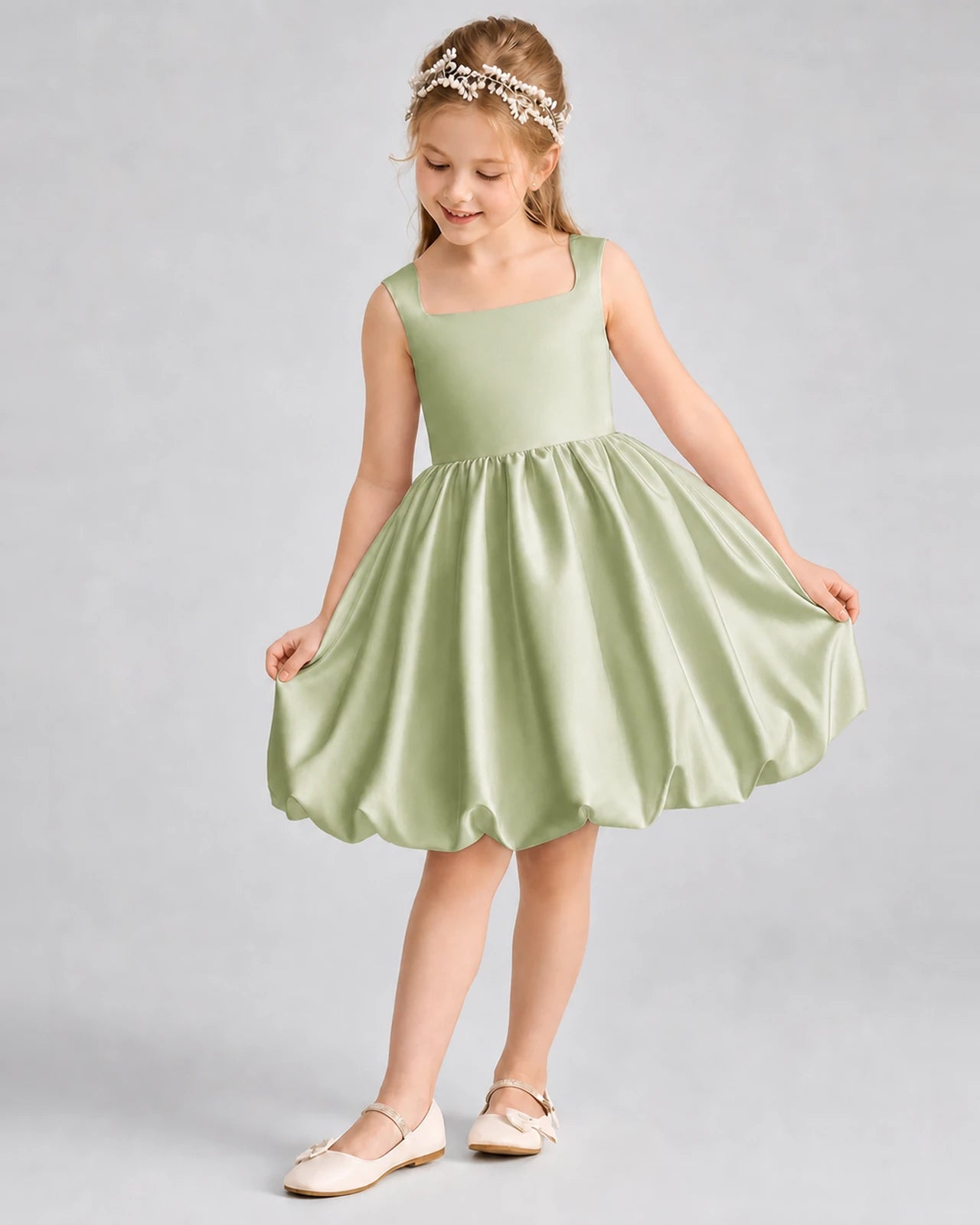 Sage Green Satin Square Neck Bubble Hem Girls Formal Dresses