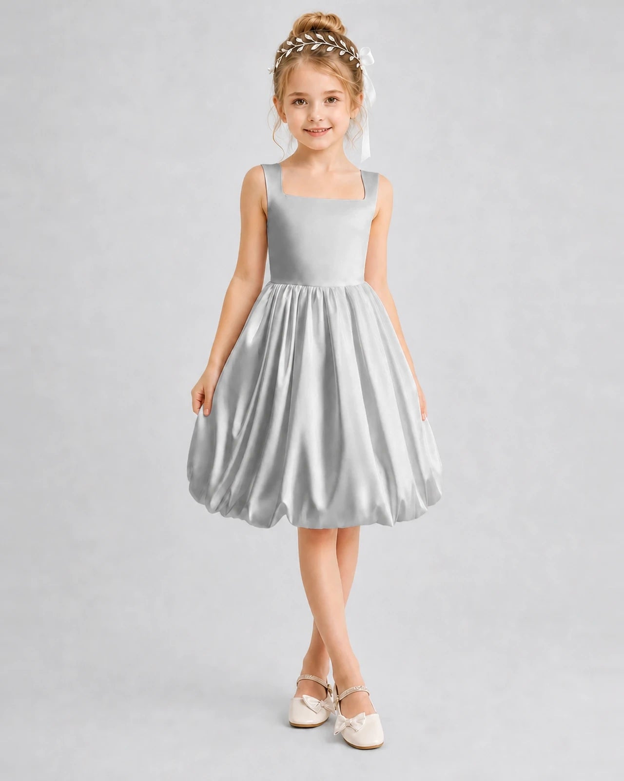 Silver Satin Bubble Hem Girls Formal Dresses Front View