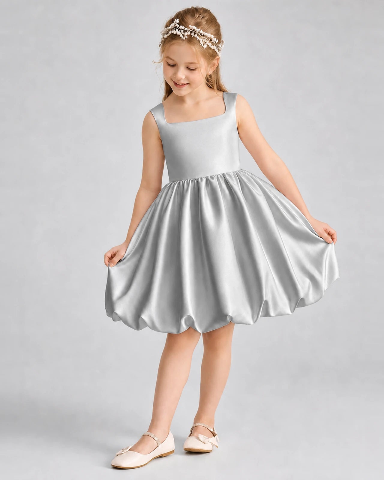 Silver Satin Square Neck Bubble Girls Formal Dresses
