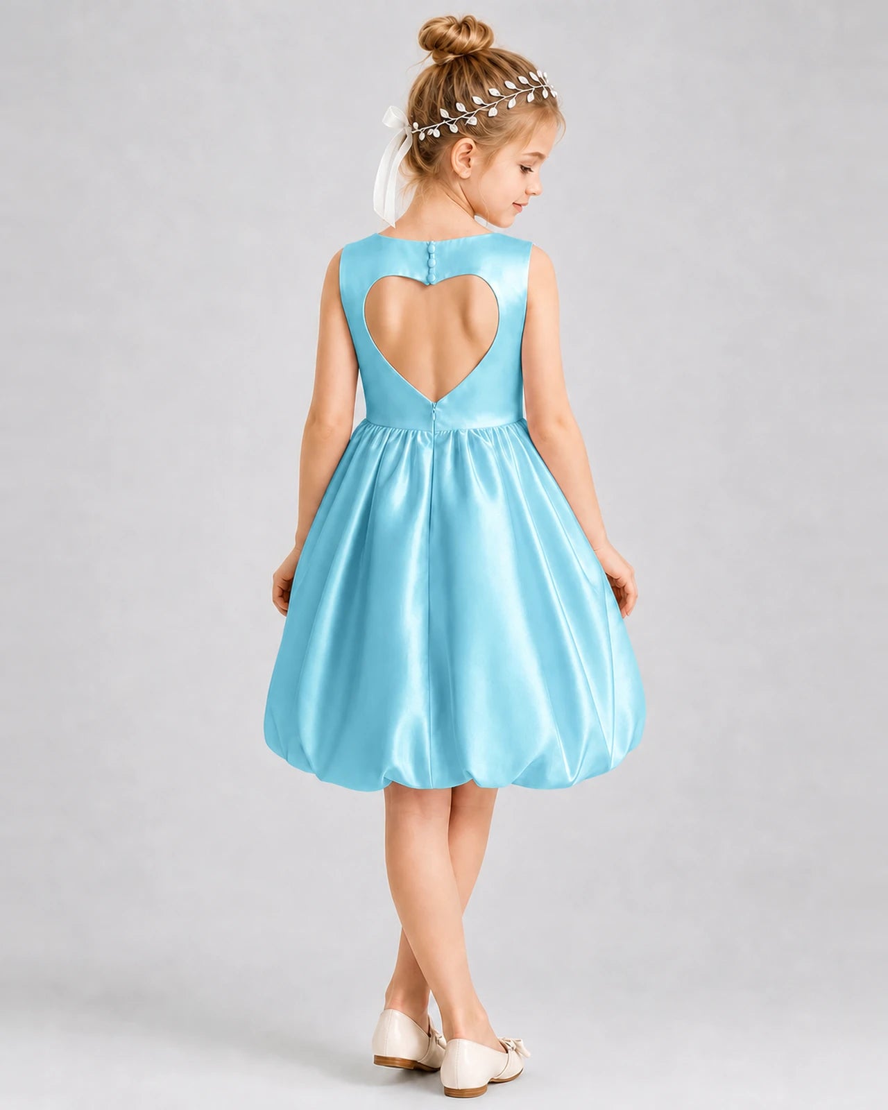 Sky Blue Satin Heart Cutout Bubble Hem Girls Formal Dresses Back View