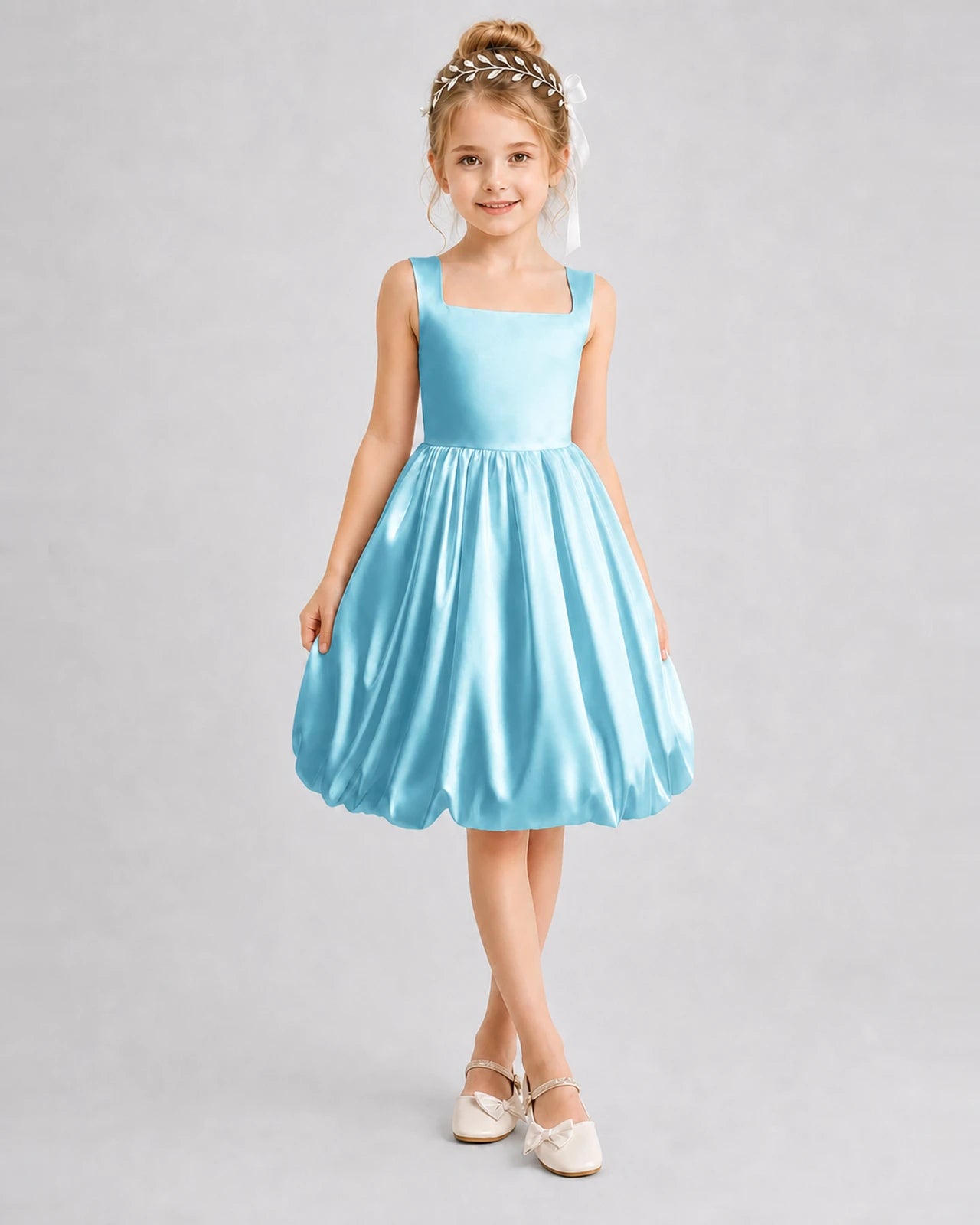 Sky Blue Satin Bubble Hem Girls Formal Dresses Front View