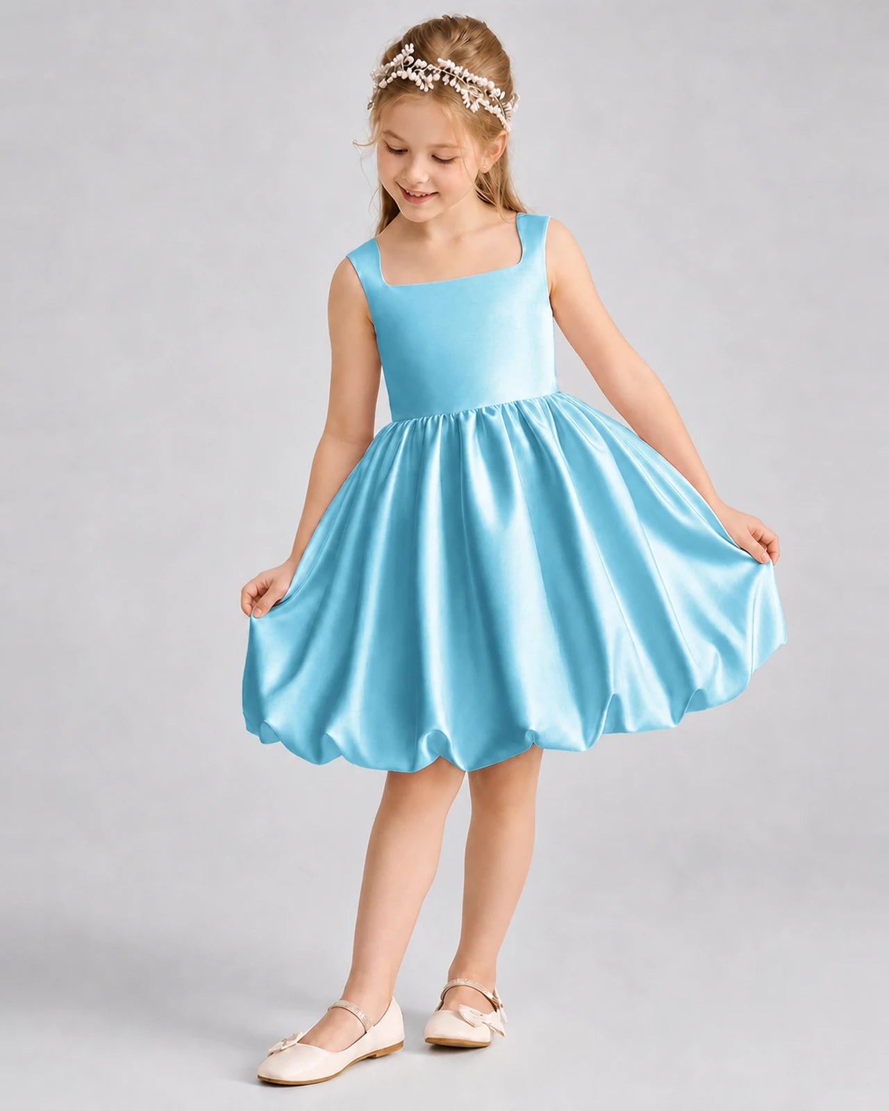 Sky Blue Satin Square Neck Bubble Girls Formal Dresses
