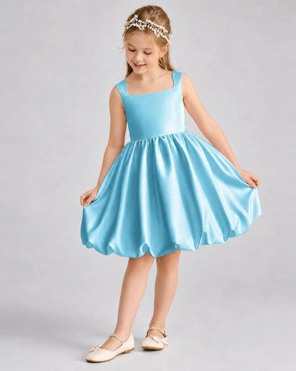 Sky Blue Satin Square Neck Bubble Girls Formal Dresses