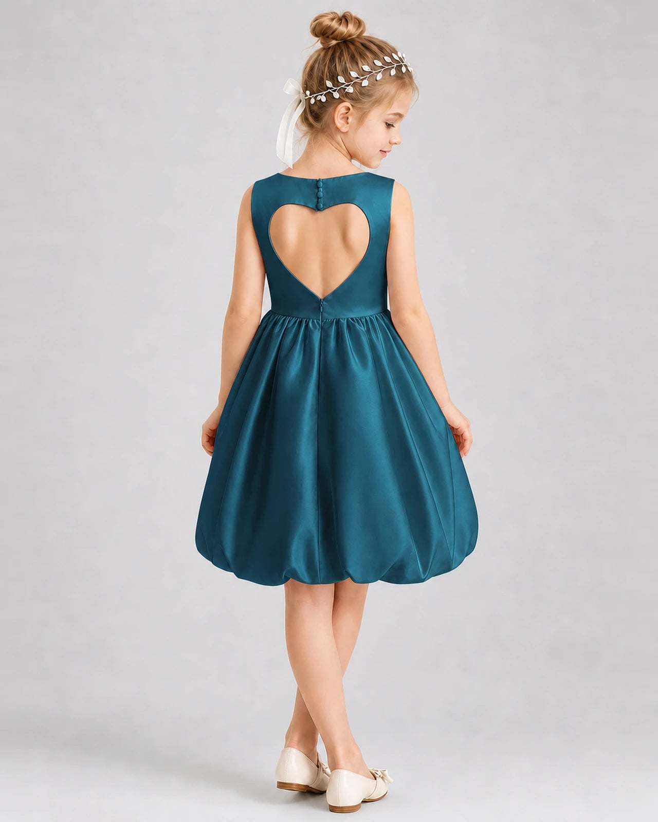 Teal Satin Heart Cutout Bubble Hem Girls Formal Dresses Back View