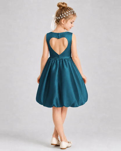 Teal Satin Heart Cutout Bubble Hem Girls Formal Dresses Back View