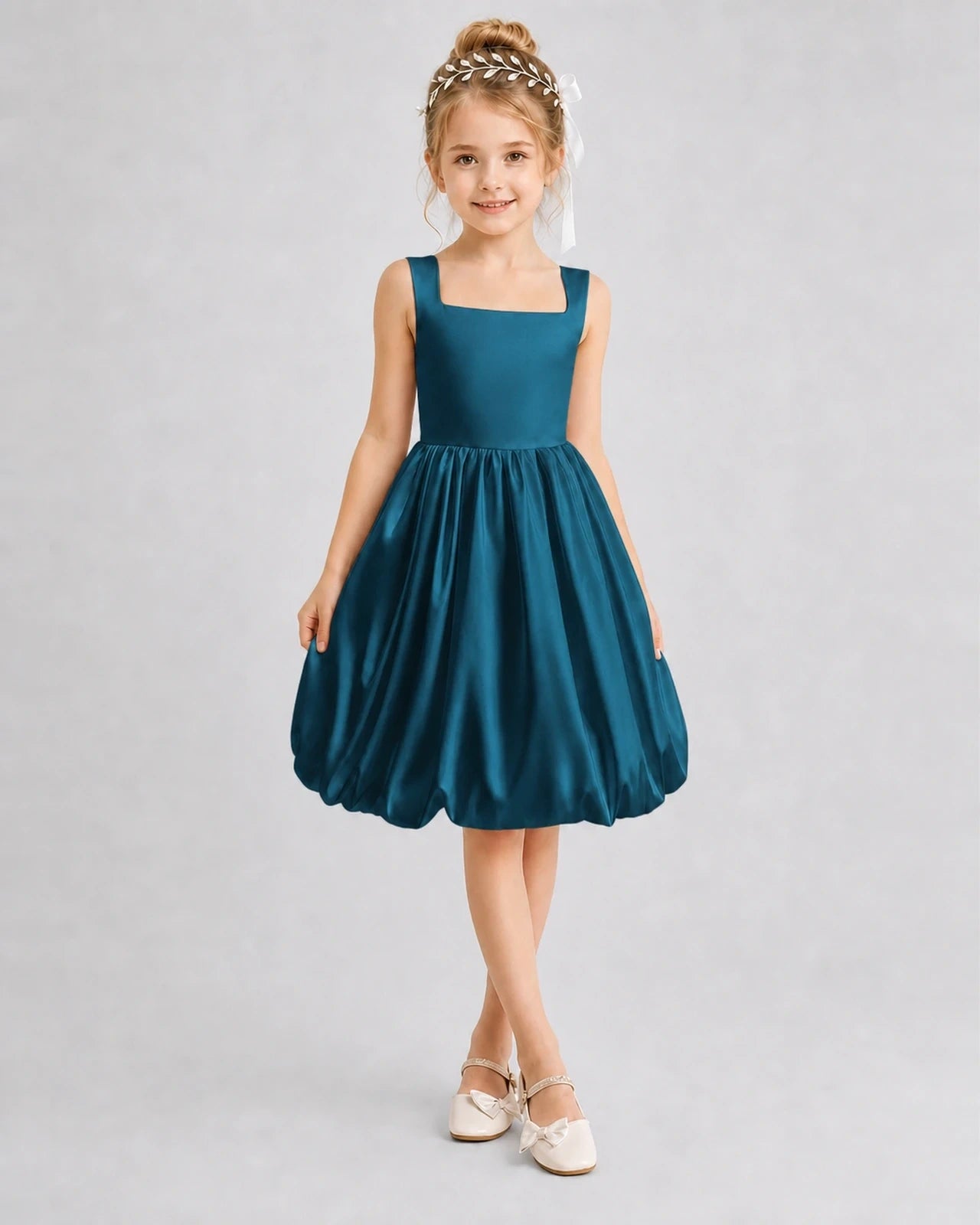 Teal Satin Bubble Hem Girls Formal Dresses Front View