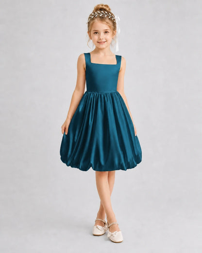 Teal Satin Bubble Hem Girls Formal Dresses Front View