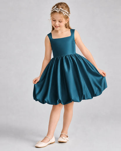 Teal Satin Square Neck Bubble Girls Formal Dresses