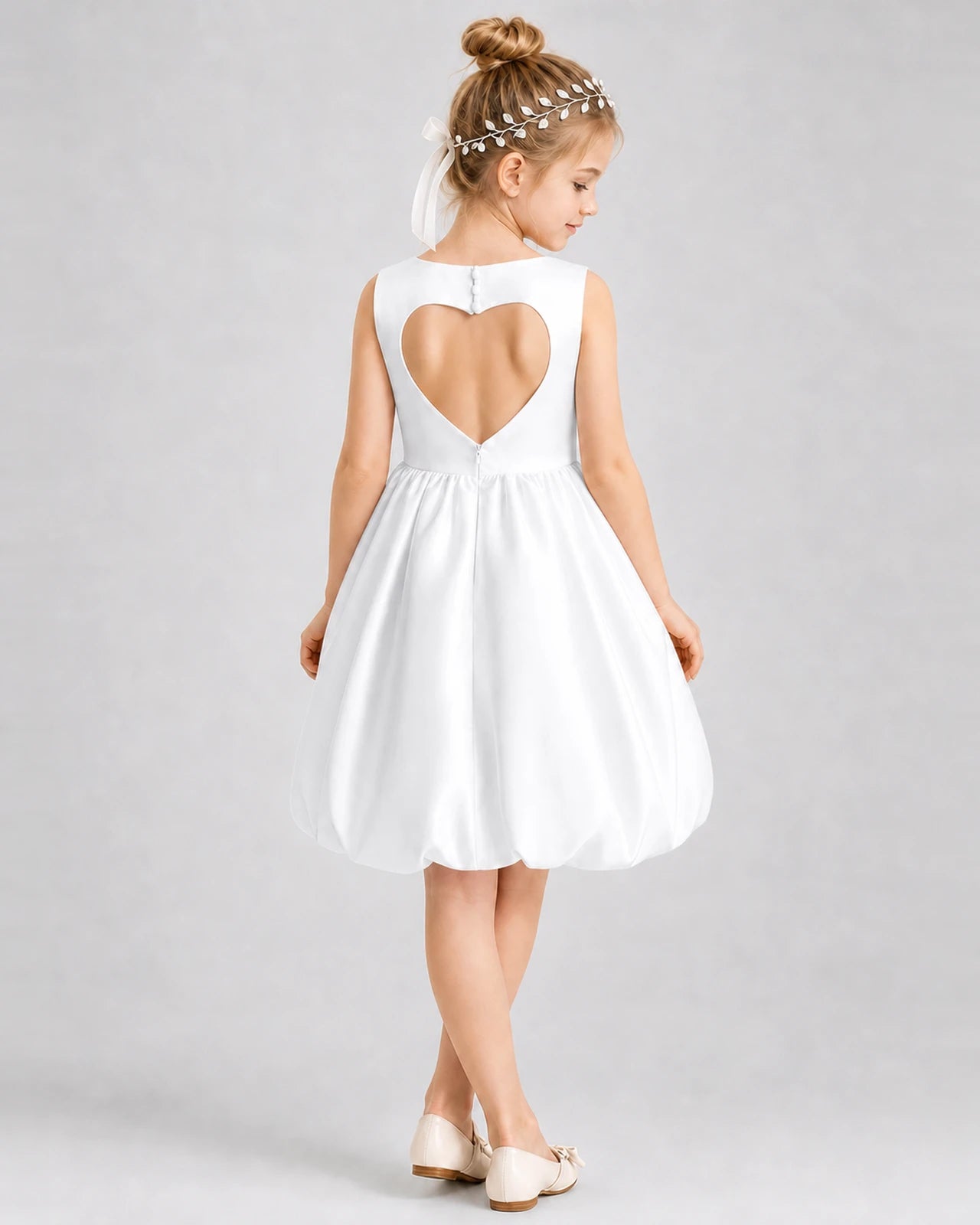 White Satin Heart Cutout Bubble Hem Girls Formal Dresses Back View