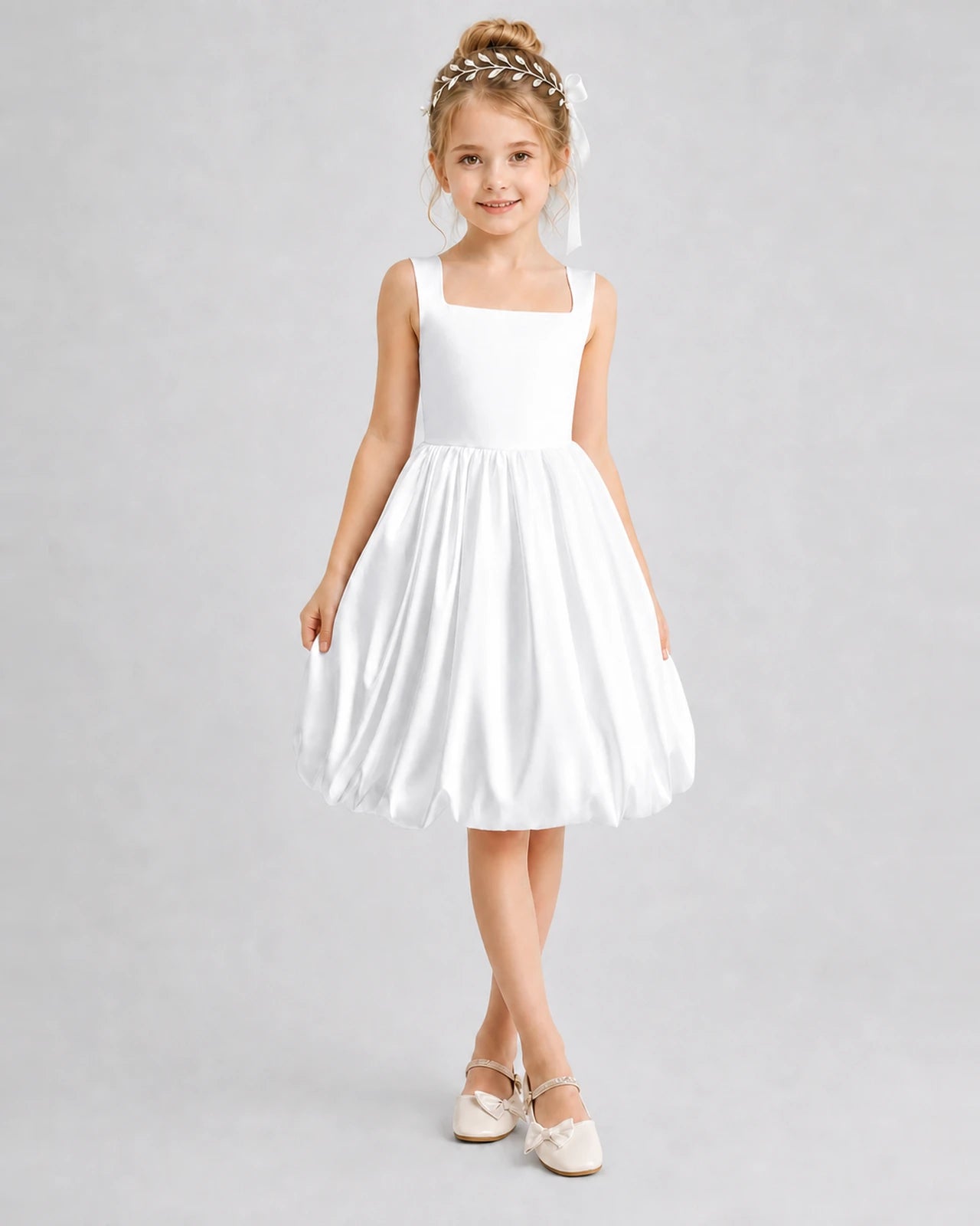White Satin Bubble Hem Girls Formal Dresses Front View
