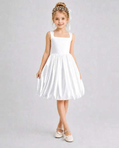 White Satin Bubble Hem Girls Formal Dresses Front View