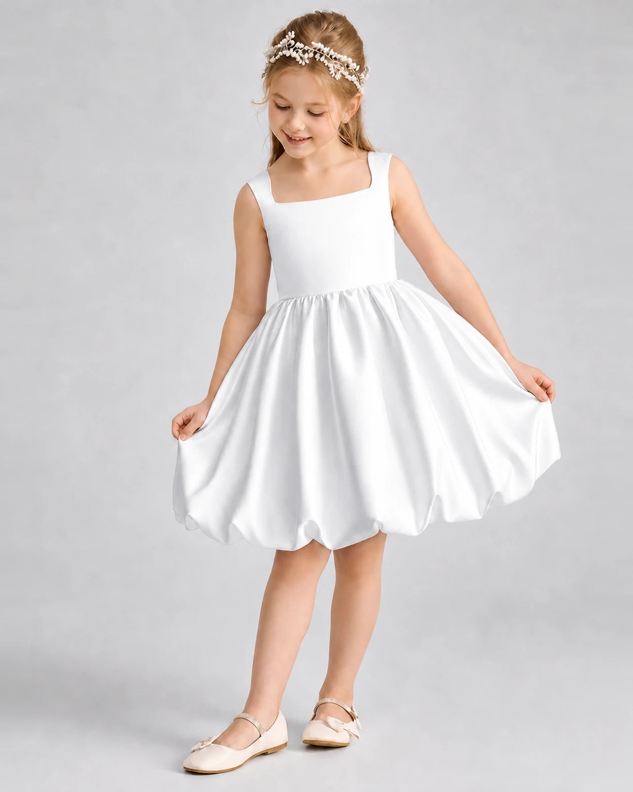 White satin bubble hem A-line dress Girls Formal Dresses
