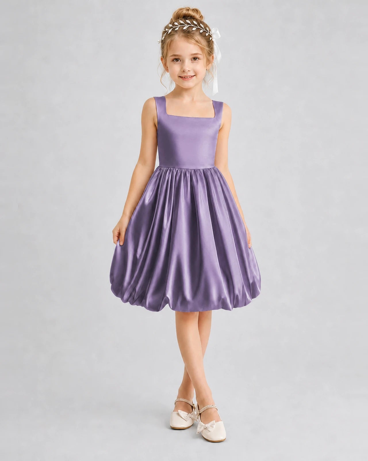 Wisteria Satin Bubble Hem Girls Formal Dresses Front View