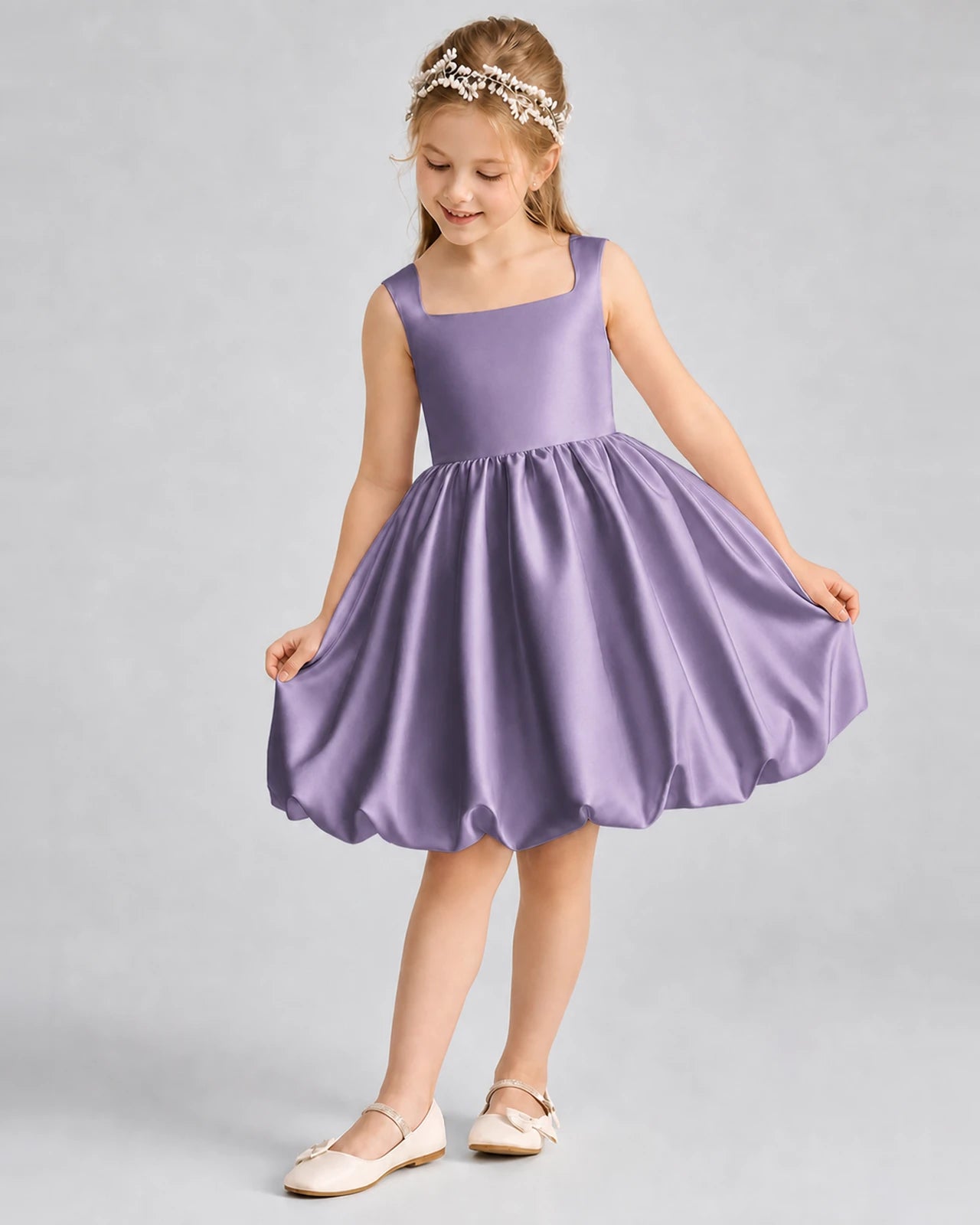 Wisteria Satin Square Neck Bubble Girls Formal Dresses