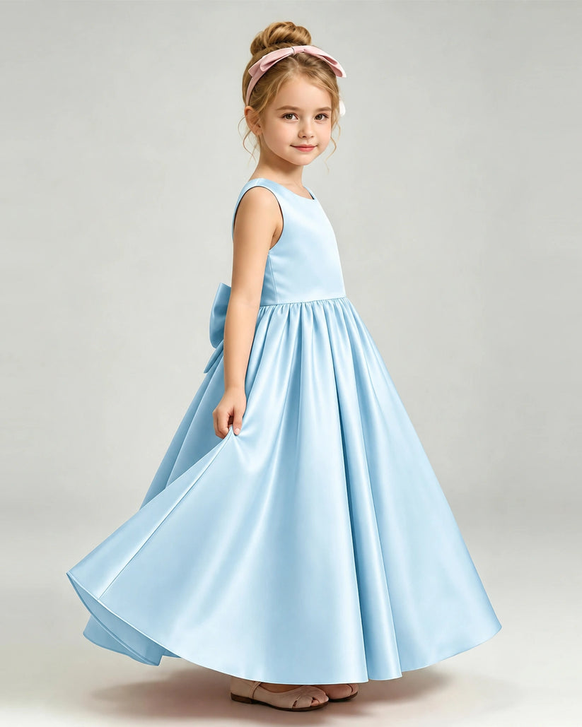 Baby Blue Satin A-line Flower Girl Dress Side View